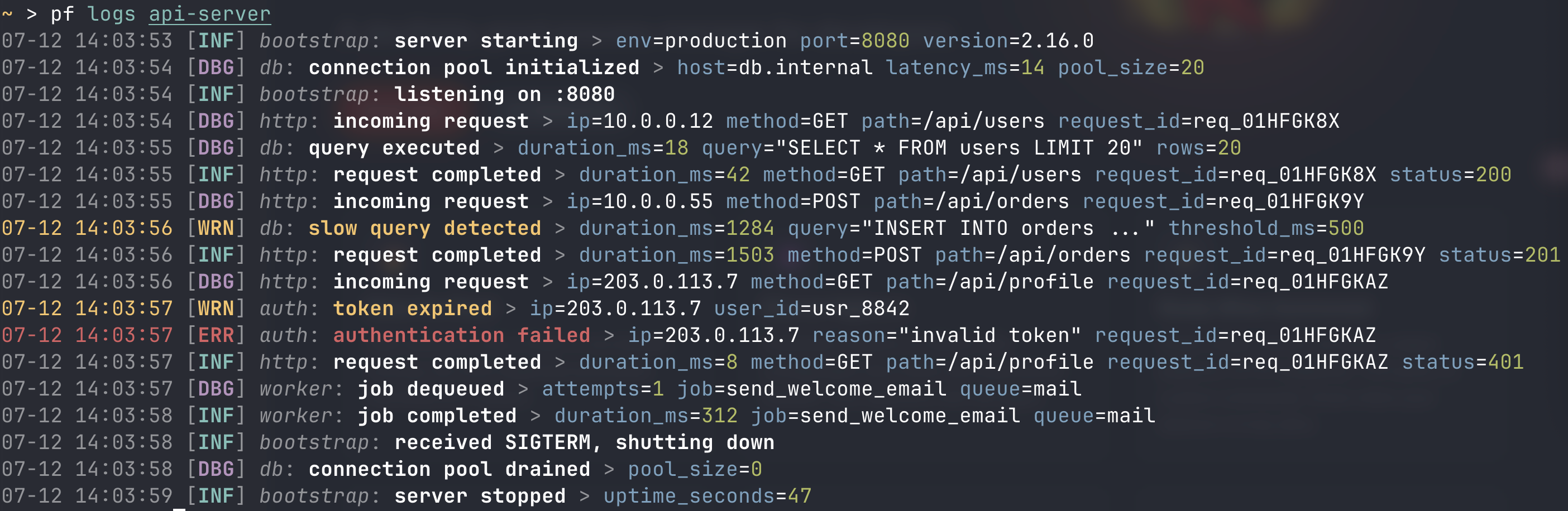 Structured log output with level badges, logger names, and highlighted fields